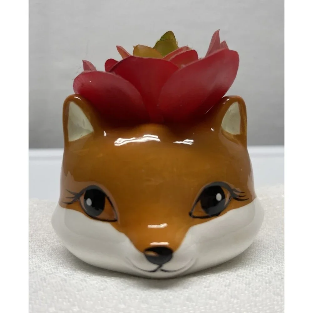 Fox Head Faux Succulent Plant Figural Small Ceramic Vase Home Decor 3.5